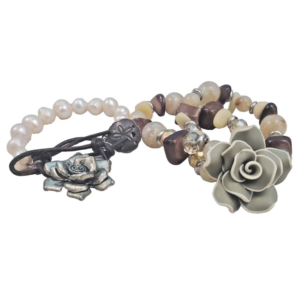 Artisan Real Freshwater Pearl Leather Bracelet Set 2pc Succulent Bead Stretch...